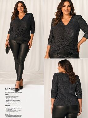 Cato Black Silver Metallic Shimmer Twist Front Knit Top Size XL (1310)